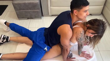 A puny Colombian woman gets some workout with a hot gym trainer.